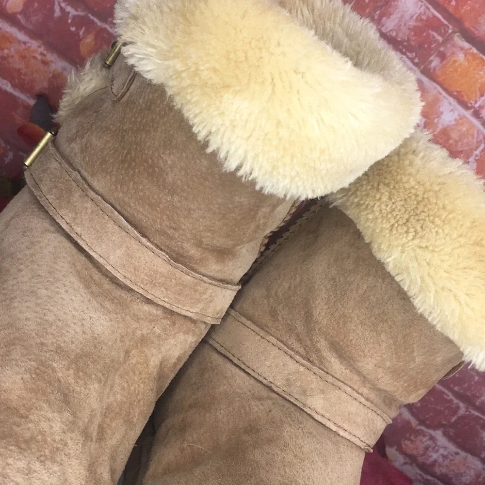 Lamo Tan Suede Water Resistant Shearling Double Buckle Boots